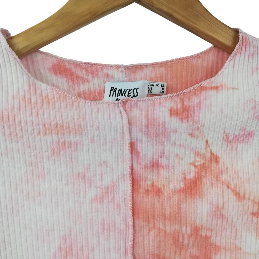 Princess Polly Tie Dye Pink Ribbed Knit Crop Top Size 8 Short Sleeve Shirt White - Picture 2 of 11